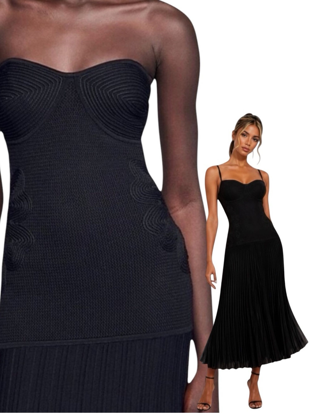 👀 Camila Coelho Pleated Embroidered Sweetheart Bodice Midi Maxi Dress Black NWT